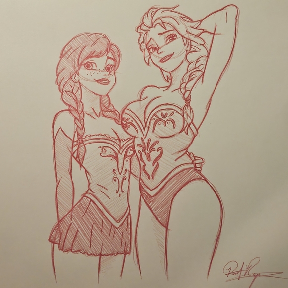 Disney Other - Disney Frozen Anna Elsa Swimsuit Pin-up Drawing/Sketch Art Signed
